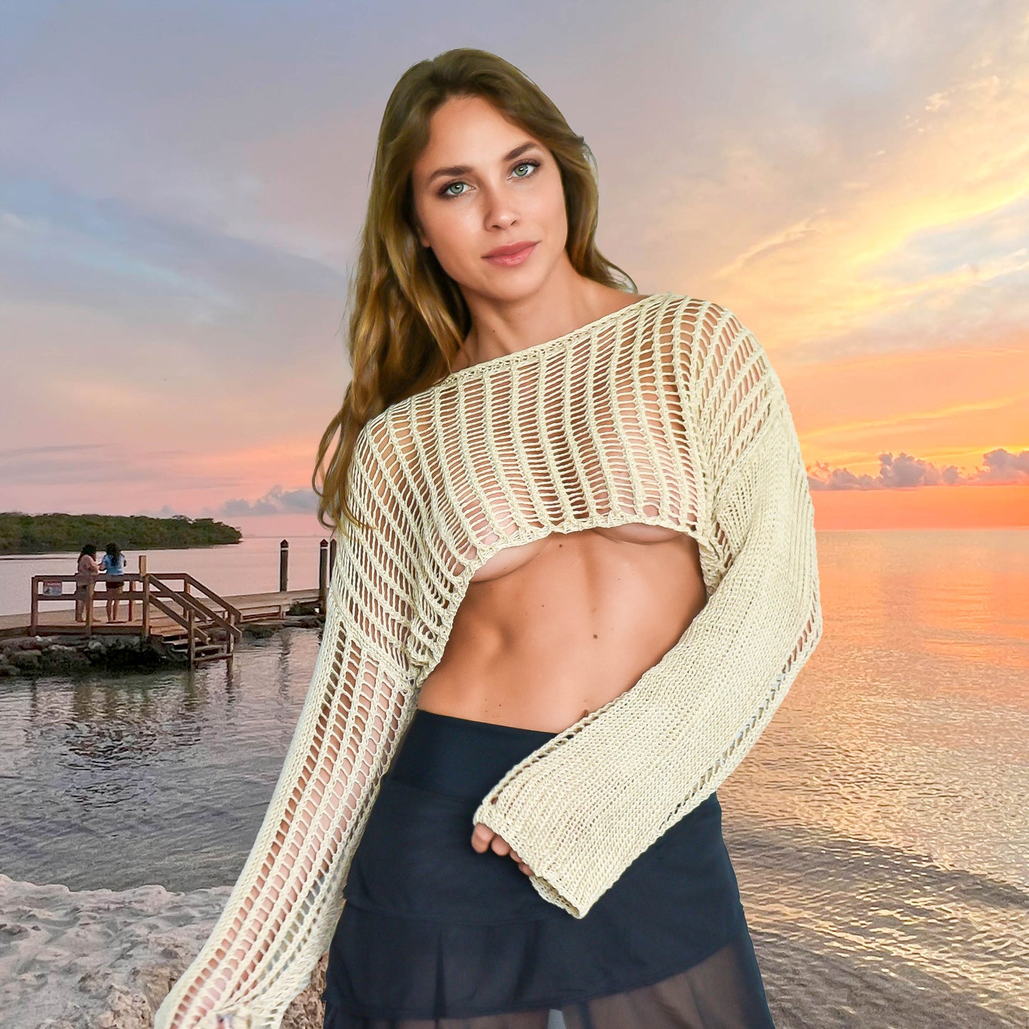 Beach Cover Up Boho Sweater Crochet Top Beige Solid Hollow Knit