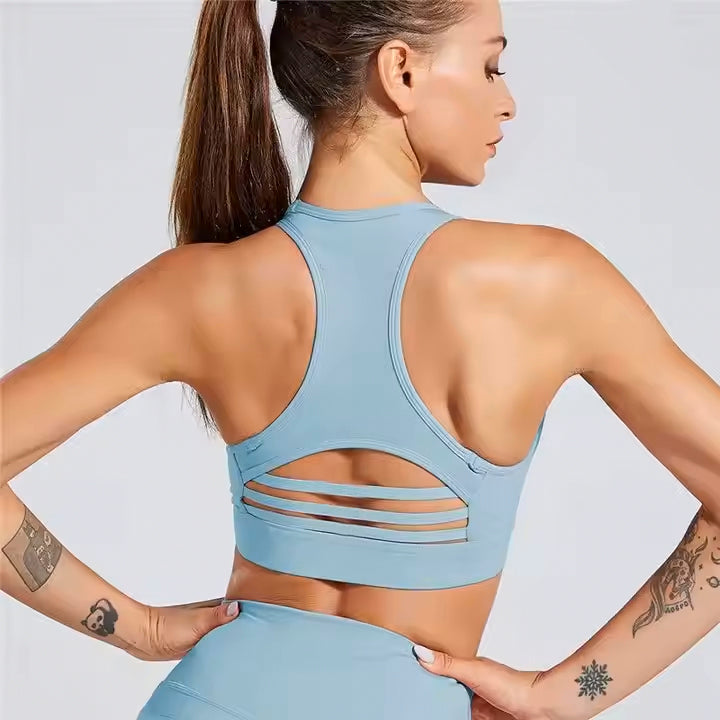 Aja Sports Top Yoga Bra with Phone Pocket Large, in Lake water Blue, Padded Athletic Support Top for Her, Yoga Fitness Training Bra, Ladies Comfortable Sportswear